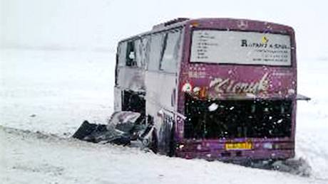 Sráka eského autobusu s vlakem u slovenské obce Nebojsa. (12. února 2010)